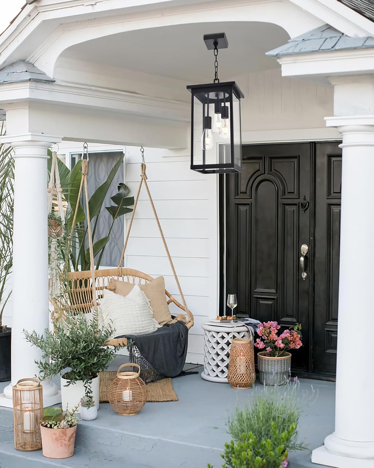 3-Lights Outdoor Pendant Lights, Large Black Exterior Ceiling Hanging Lanterns with Adjustable Chain, Modern Porch Pendant Lighting Fixtures for Front Door Entryway, E26 Bulb Base