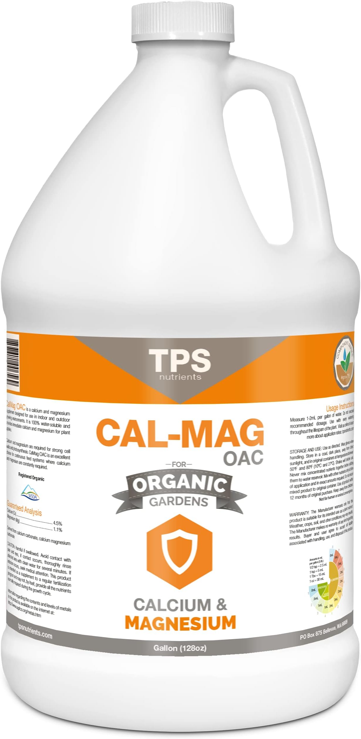 Organic Cal-Mag OAC Plant Nutrient and Supplement, Plus Iron and Micronutrients by TPS Nutrients, 1 Gallon (128 oz)