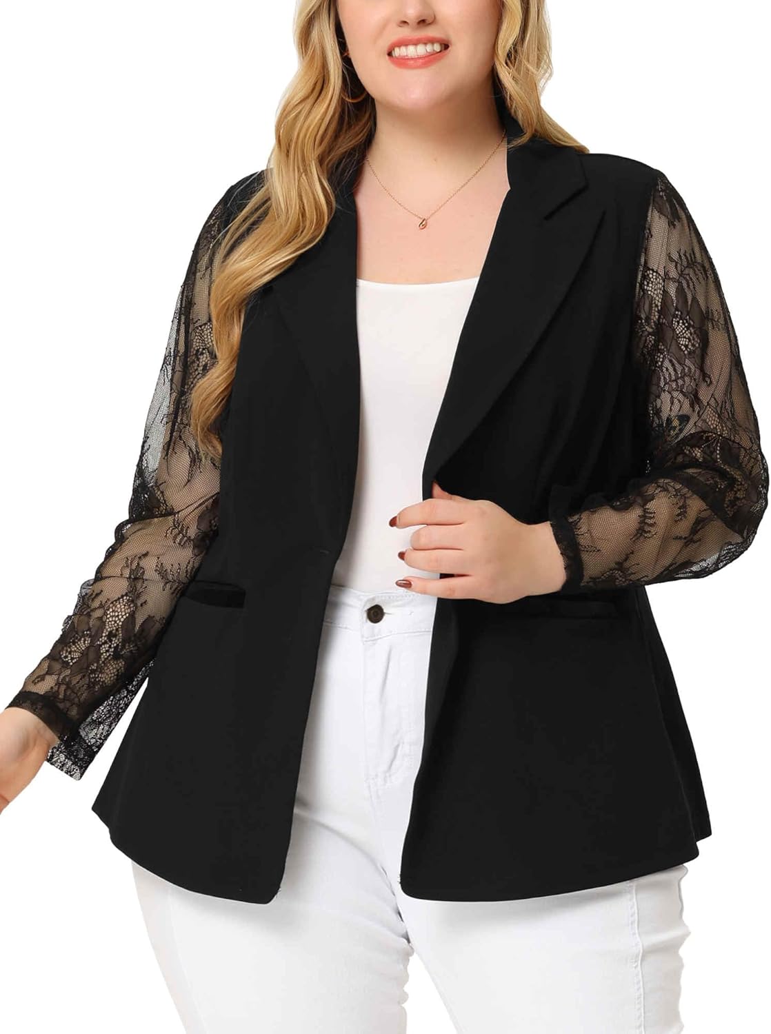 Agnes Orinda Plus Size Blazer for Women Work Jacket Notch Lapel Lace Front Blazers Jackets
