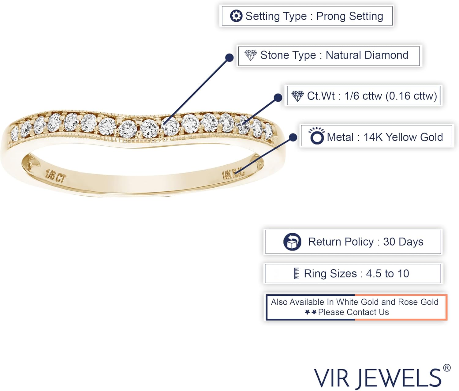 VIR JEWELS 0.16 cttw to 0.50 cttw Diamond wedding Band for Women, Contour Wave Round Diamond Wedding Band in 14K Gold Prong Set, Size 4.5-10