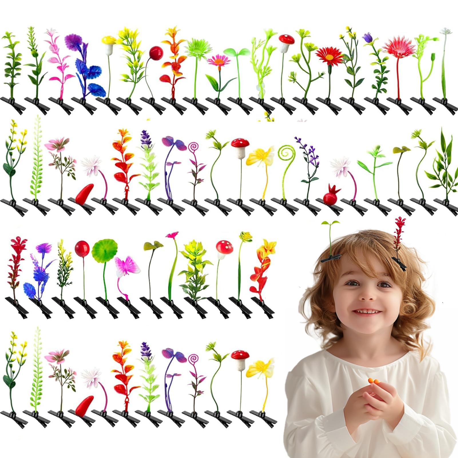 Photo 1 of 120Pcs Bean Sprout Hair Clips?Sprouts Rave Trinkets?Funny Plant Hairpins,Mixed Style Flower Butterfly Mushroom Little Grass Barrette Hair Accessories for Women,Girls,Kids,Party?Carnival