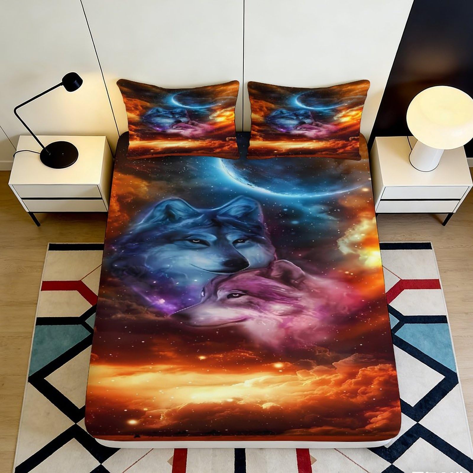 Pnayamiorkfel Style-6 3D Printed Galaxy Wolf Fitted Sheet Microfiber Soft Slip-Resistant Cosmic Nebula Mattress Cover Bedroom Decor 90X200x25cm