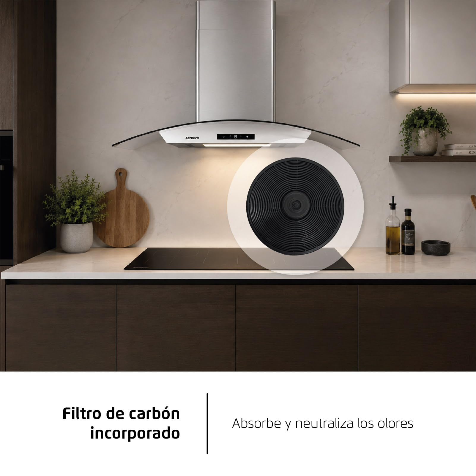 Corbero - Campana Extractora Horizontal 90cm | FUJI975XGLASS | 720.2 m3/h| 67db| 235W | 4 Velocidades | Control Touch| Panel LED| Filtro Aluminio + Filtro Carbón | Acero Inoxidable-Cristal