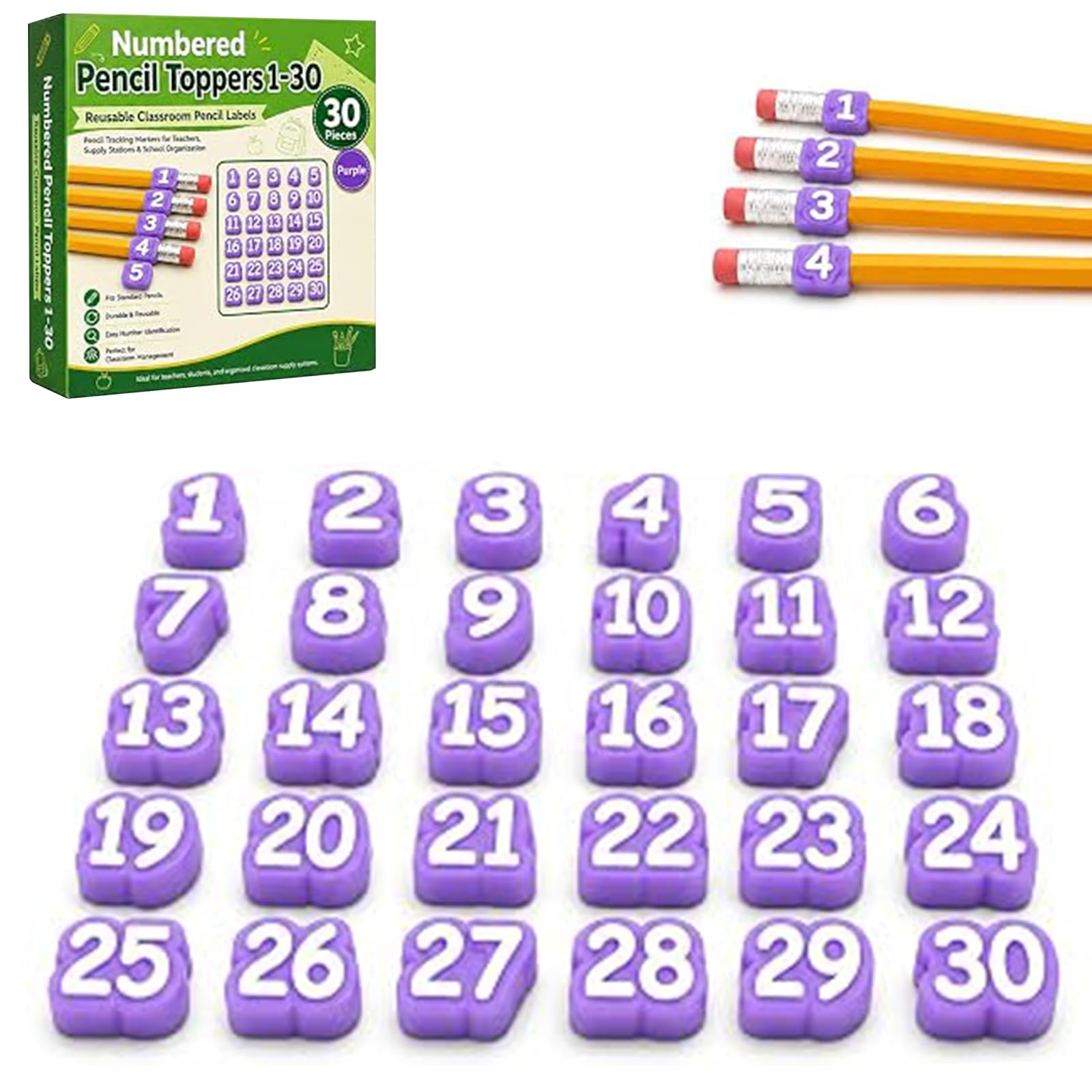 20/30/50 Pcs Numbered Pencil Toppers, Reusable Classroom Pencil Labels for Supply Tracking Station & Organization, Classroom Management Must Haves for Teachers (Purple, Number 1-30) — image 1