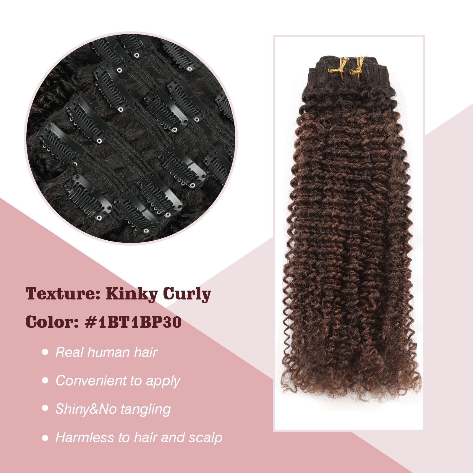 Sixstarhair Kinky Curly Extensions aus menschlichem Haar Clip-In Haarextensions Doppelter Weft 7 Teile 120g Mit Schwarz verwurzelt Ausblendend zu Naturschwarz mit Medium Auburn #30 7 Teile