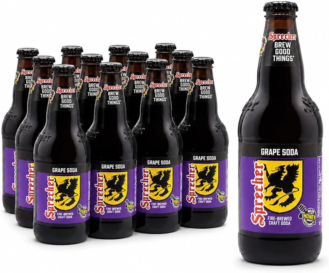 Sprecher Grape Soda in 16 fl oz Glass Bottles (12 Pack), Fire Brewed Craft Soda with Real Honey, Bold Juicy Grape Flavor, Naturally Flavored Gourmet Soft Drink
