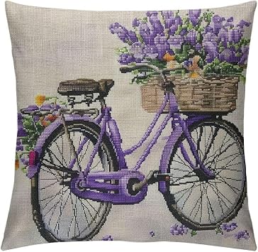 Bicycle Throw Pillow Covers Violet Purple Bike with Lavender Flowers Bouquet in Basket Retro Decorative Cushion Case for Merry Christmas Men Women Home Cotton Linen