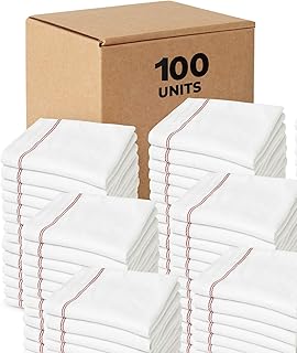 Bulk Economy Wholesale Kitchen Dish Towels (100 Towels) - 100% Cotton Herringbone - Commercial Grade - Bleach Resistant - Restaurant Bar Mops - 24 oz/dz - White with Red Stripes (Red, 100)