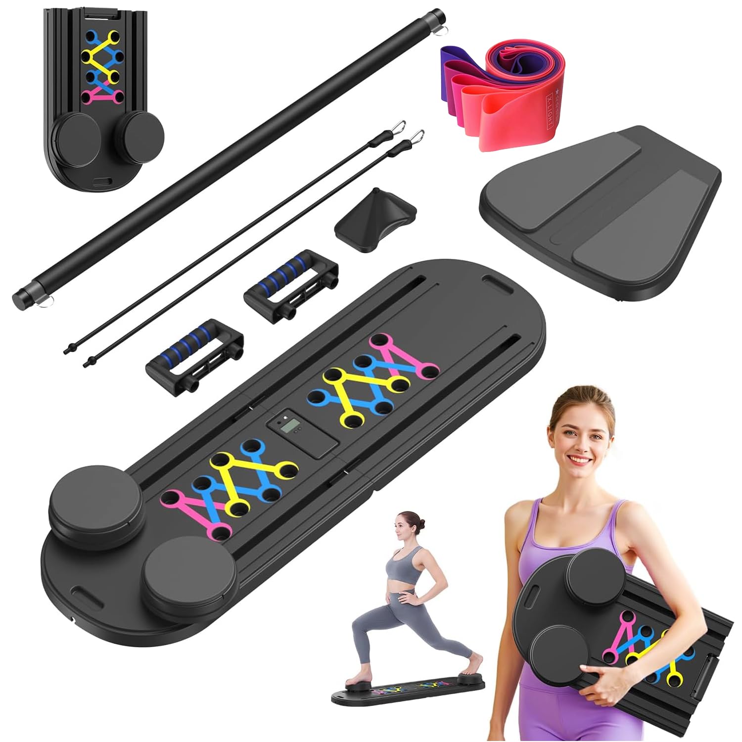 Pilates Board für Zuhause, 8-in-1 Pilates Reformer mit 5 Widerstandsbänder, Faltbarer Pilates Brett mit Automatischer Rückprall, Bauchtrainer & Pilates Bar, Pilates Set für Ganzkörpertraining