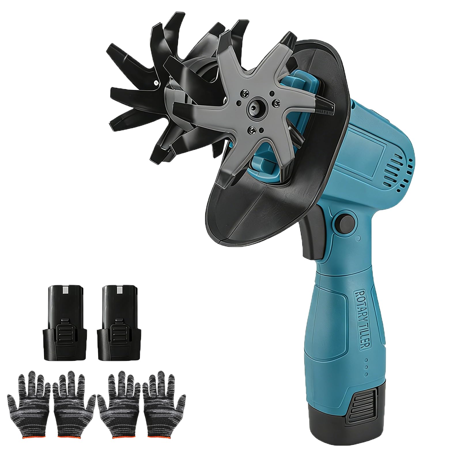 Cultivador de Mano de 16,8 V/21 V, Minicultivador Inalámbrico con 2 Baterías, Ancho de Labranza de 12,8 Cm, Profundidad de 10,3 Cm, Rotavator Eléctrico de Jardín, Cultivador de Cultivadors 2*1500mAh