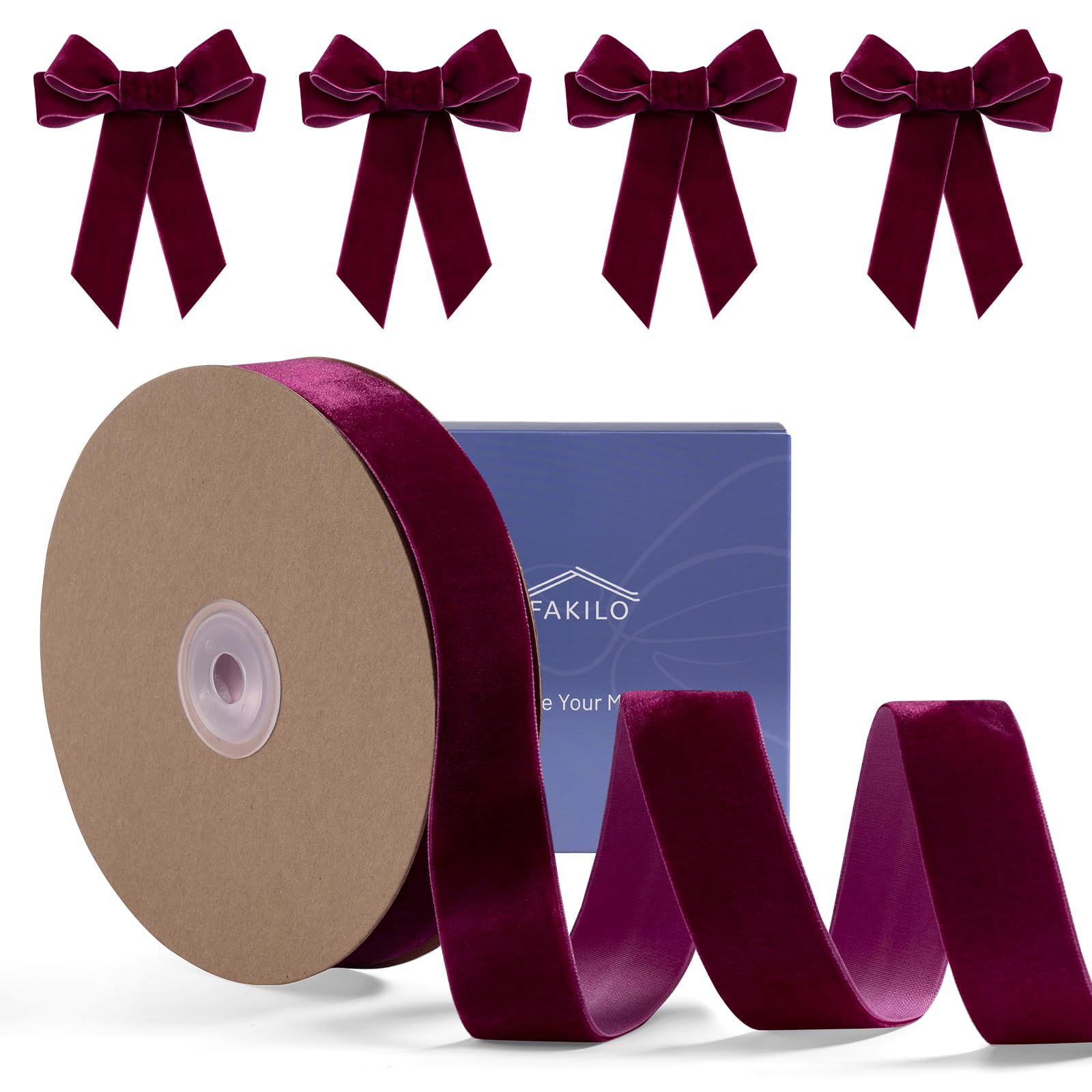 Wine Red Velvet Ribbon1 Inch x 25 Yd, FAKILO Ribbon Wine Red Velvet Perfect for Christmas Tree Wreath, Gift Wrapping, Bows