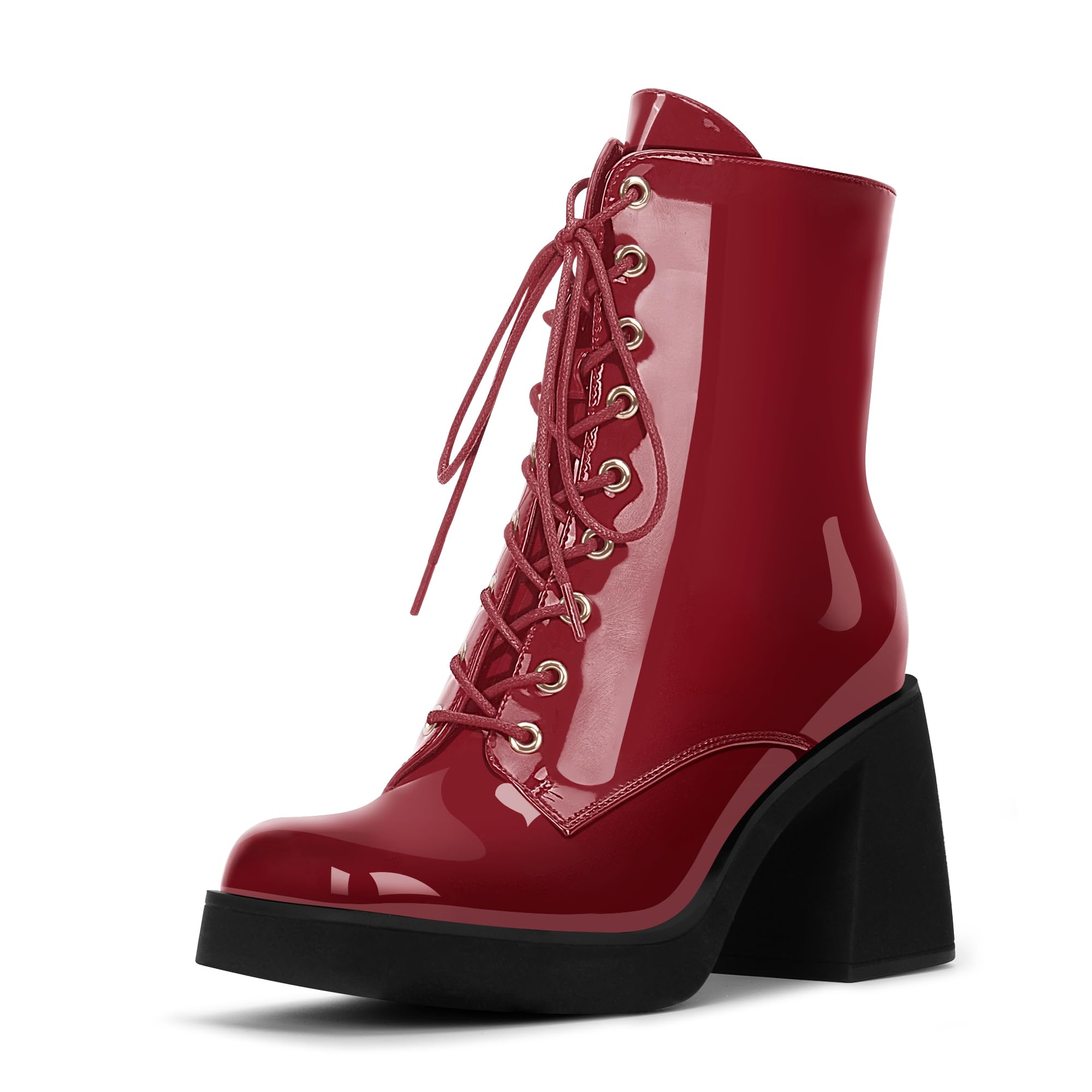 Womens Chunky Heel Square Toe Platform Ankle Boots Lace Up Booties