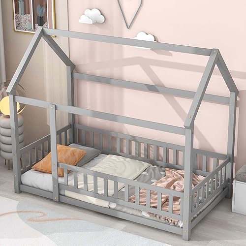 Miniatura 6 de Altillo Cama de casa con valla, camas Montessori de madera para niños con techo, cama de tienda, cama de piso de madera, marco de cama estilo casa