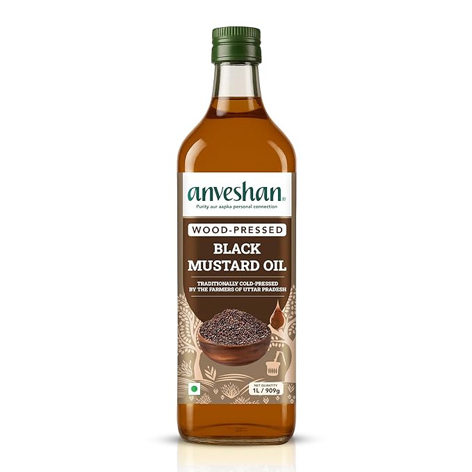 Anveshan Wood Cold Pressed Mustard Oil - 1L (Extracted on Wooden Churner) | Plastic Bottle | Kolhu/ Kacchi Ghani/ Chekku | Natural | Chemical-Free | Black Mustard Oil for Cooking | Perfect blend of Health, Taste & Aroma