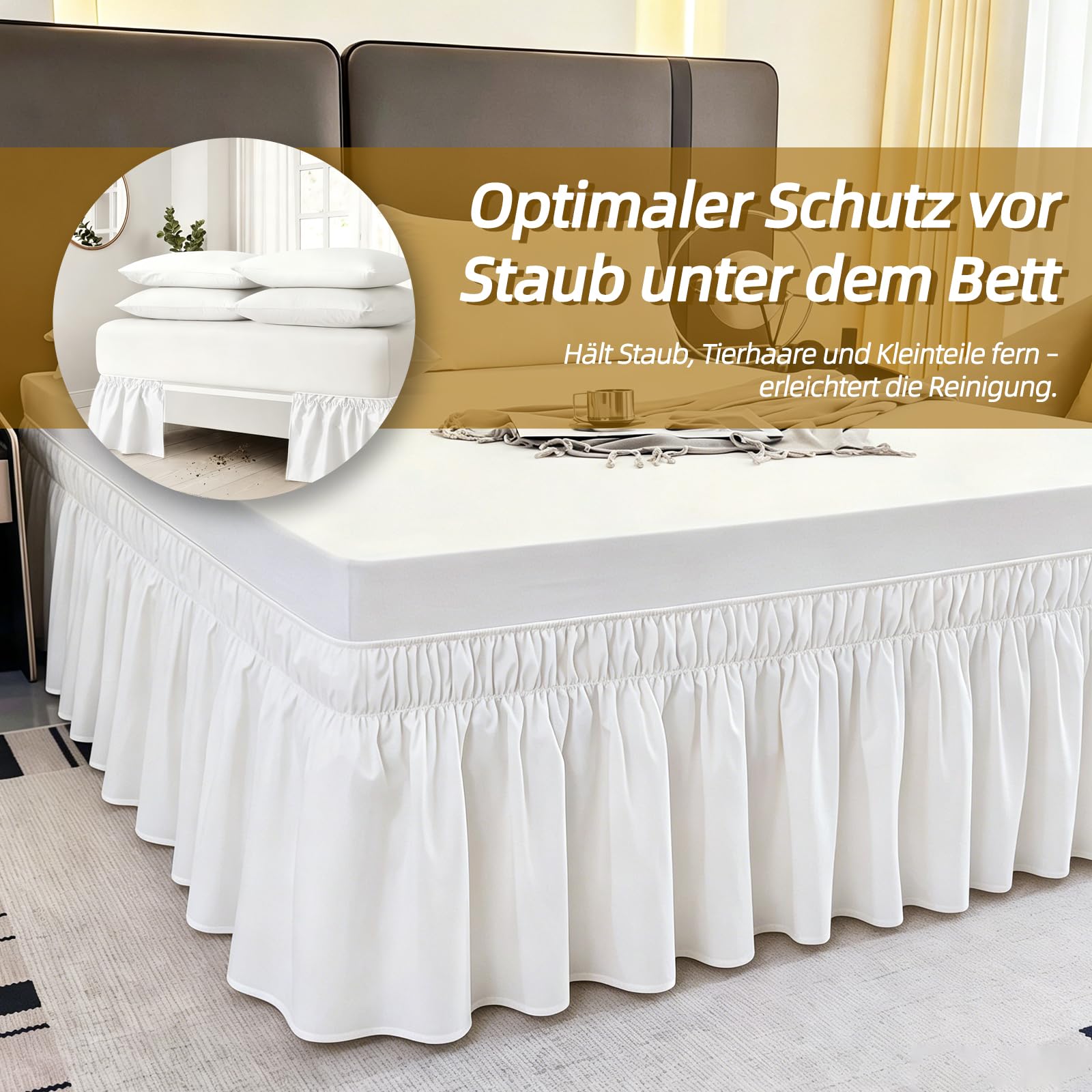 Bio-Baumwolle Volant Betthusse Weiß 45cm Gesamthöhe 180x200 cm Bettrock