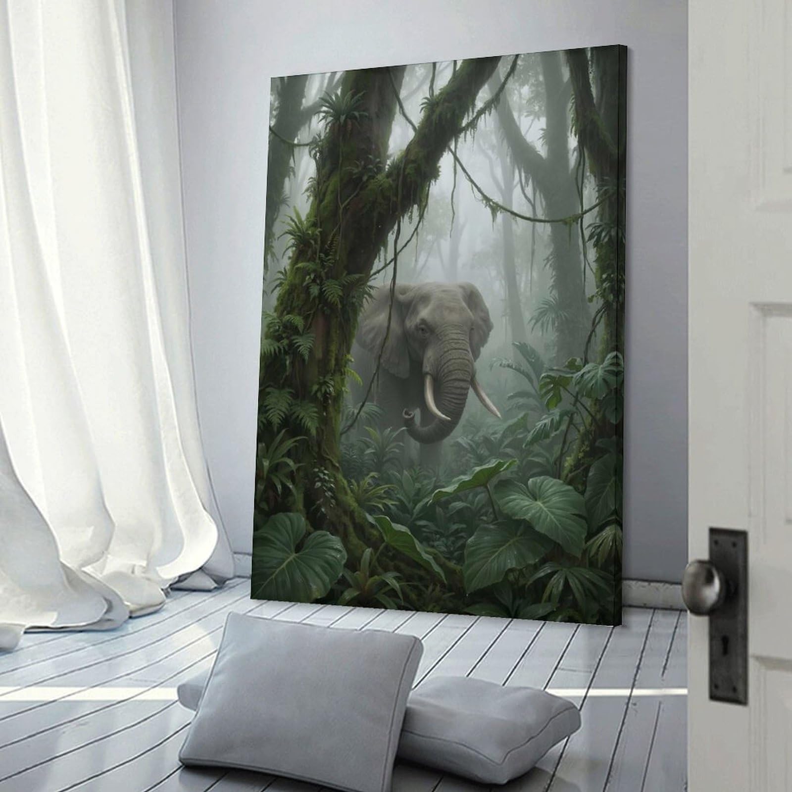 Junmoney Elephant in Misty Jungle Decorative Wall Artwork, 20x30inch(50x75cm), for New Homes, Bedrooms Or Workspaces, Gift Idea for Housewarming And Birthdays