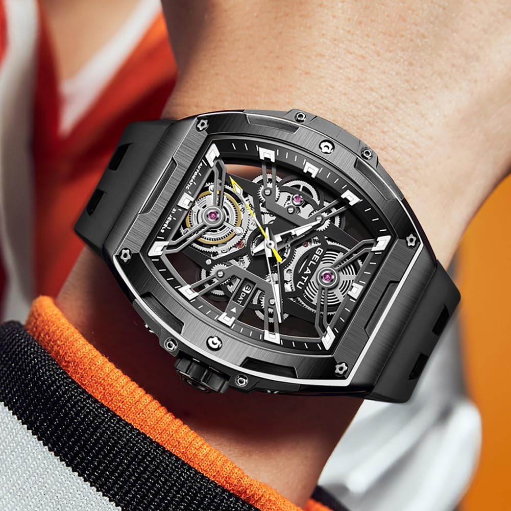 OLEVS Gelatu Herren-Armbanduhr, automatische Tonneau-Uhr, Skelett, mechanisch, 50 m, wasserdicht, Saphirglas, quadratisch, Weiß/Schwarz/Roségold