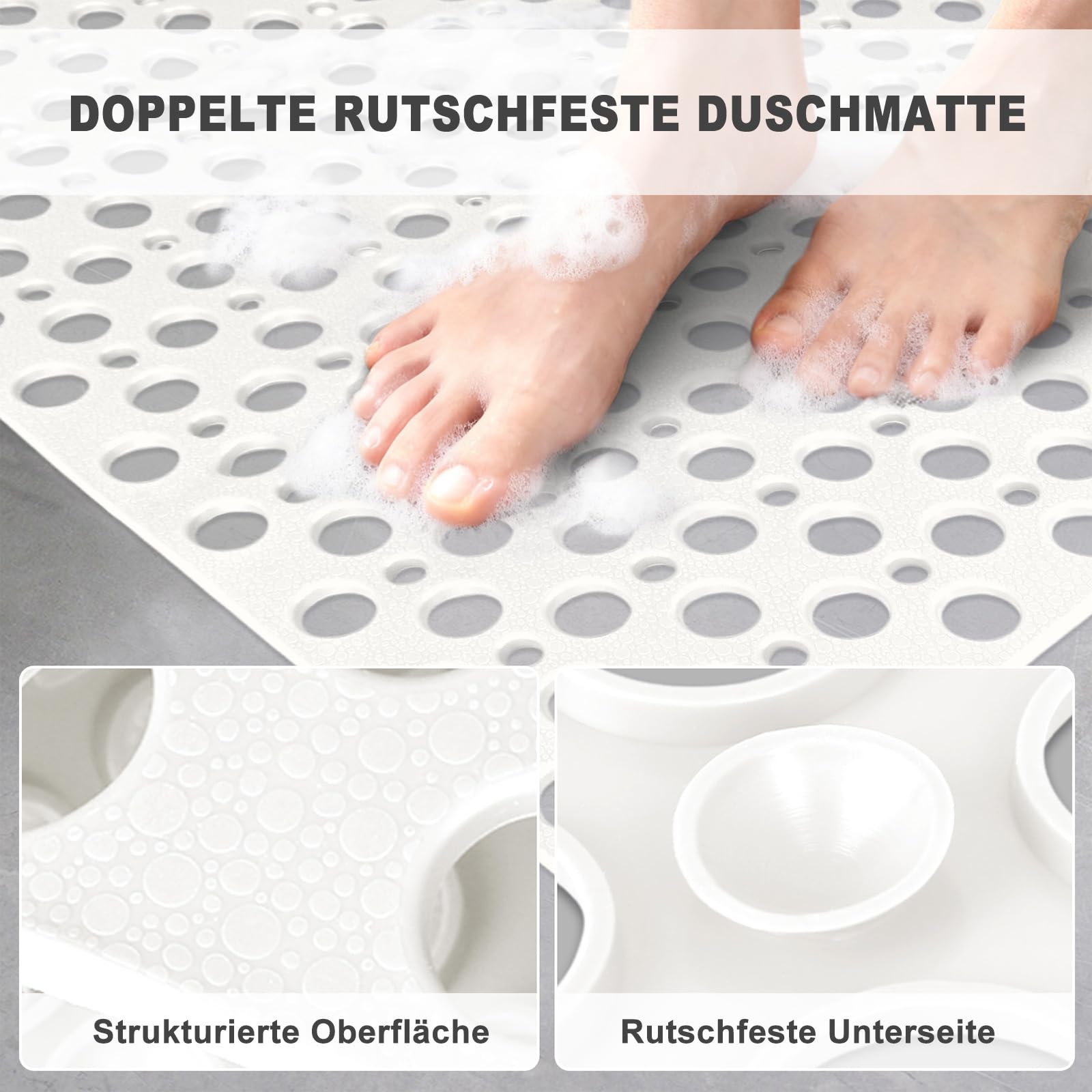 Tapis de douche antidérapant - 80 x 120 cm - En TPE souple - Antidérapant - Avec ventouses - Extra long - Sans BPA - Grand tapis de douche antidérapant à séchage rapide (grand blanc, 80 x 120 cm)