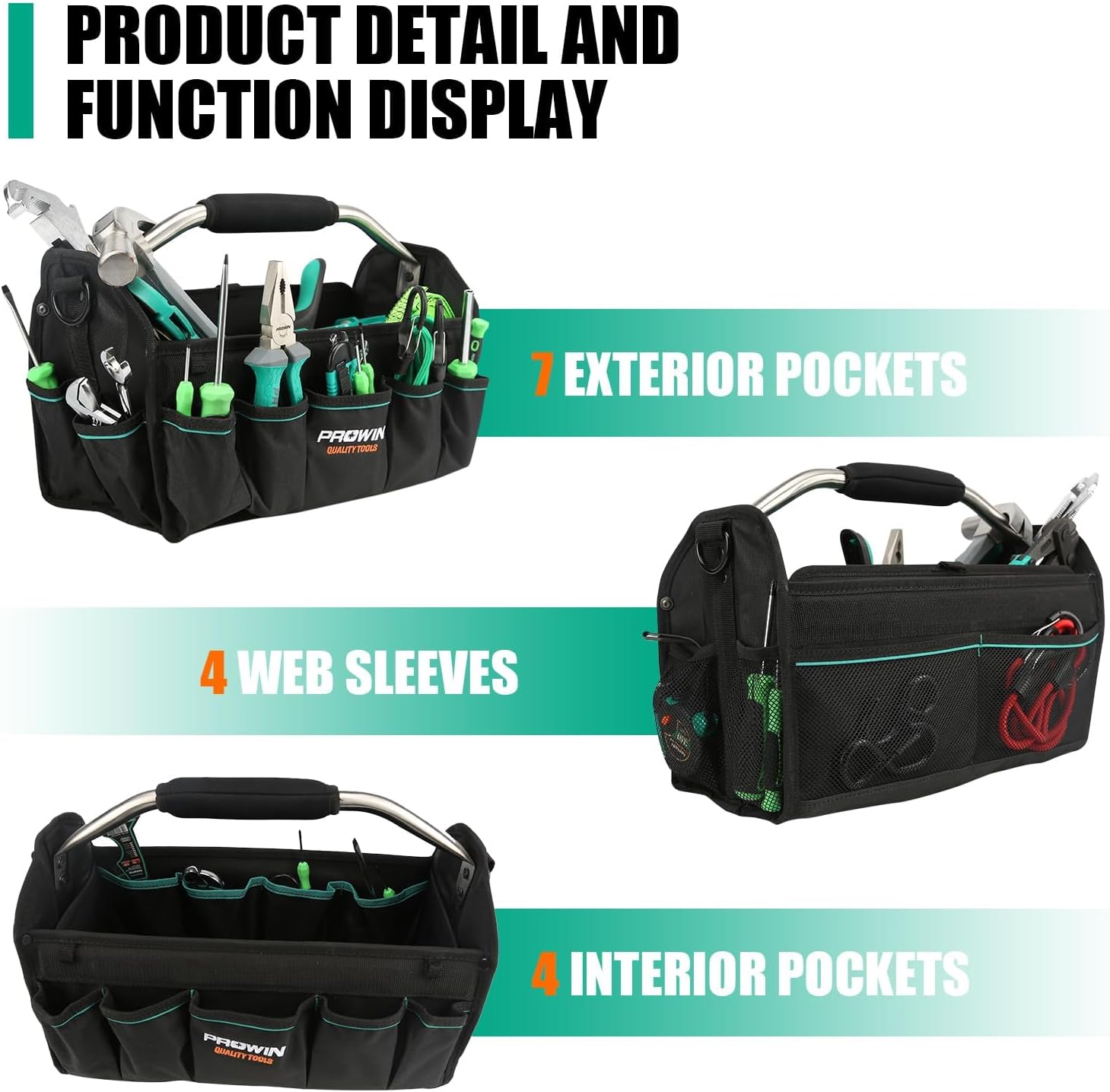 Prowin 16" Multi-pocket Tool Organizer with Plastic Waterproof Bottom, Heavy-duty Collapsible Tote Wide Mouth Tool Tote Bag 600 Denier Roomy Pro Sized Tote Black