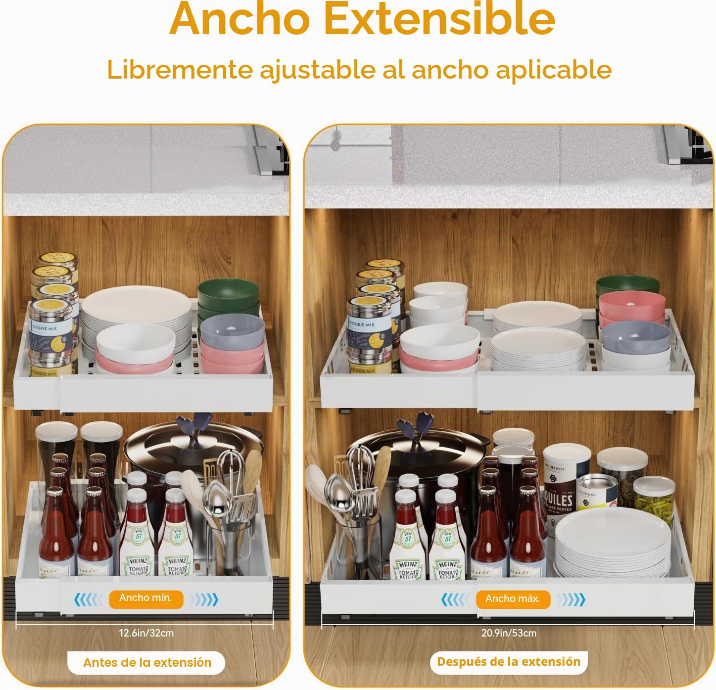 iHomara Paquete de 2 organizadores adhesivos extraíbles para armarios de cocina, cajones deslizables y estantes para la despensa, ancho ajustable de 32 a 53 cm