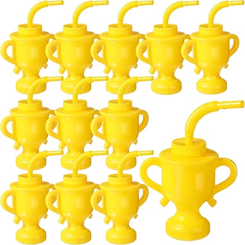Zubebe 12 tazas de trofeo con pajitas y tapas, taza de plástico dorado con forma de trofeo de 10 onzas reutilizables creativas para fiestas a granel