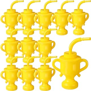 Zubebe 12 Pcs Race Car Trophy Cups with Straws and Lids, 10 oz Plastic Reusable Party Cups for Kids Monster Truck Construction Birthday Party Supplies(Golden Yellow)