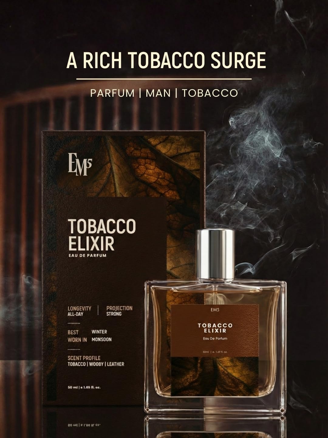 EM5. Tobacco Elixir Perfume for Men | Tobacco, Woody, Leather Fragrance | Long Lasting Scent | Premium Gift for Him | 50ml EDP