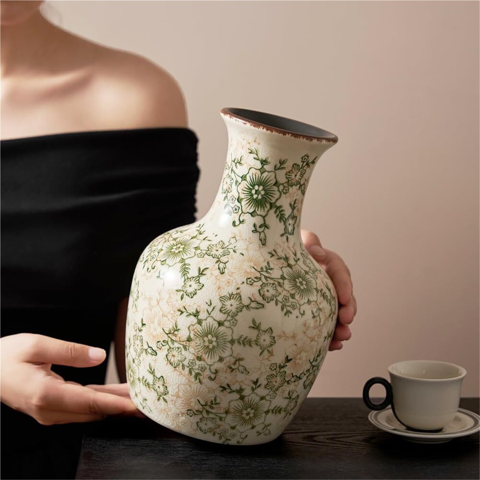 Vase en céramique verte rétro bibelot Chinoiserie pour fleur et maison