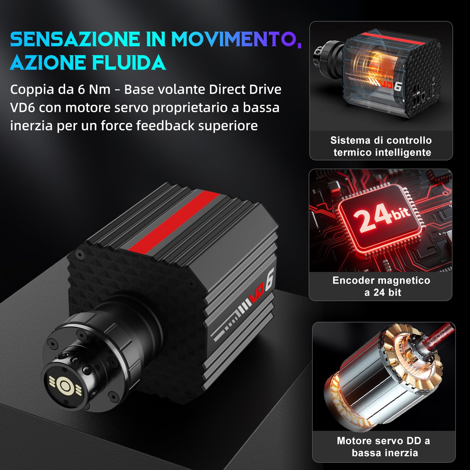 PXN VD6 Kit Volante per Sim Racing 6Nm – Base Servo a Bassa Inerzia, Volante da Corsa W AS, Pedaliera PD HM con Sensore Hall e Morsetto da Scrivania – Compatibile solo con PC Windows 7–11