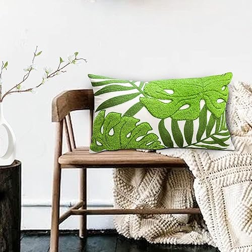 Mulzeart Cotton Embroidery Tropical Green Leaf Palm Pattern Throw Pillow Covers, Woven Comfy Decorative Pillows Covers Cushion Case For Couch Sofa Bedroom Car, Pillow Case Only(12 X 20 Inch) #TOP1