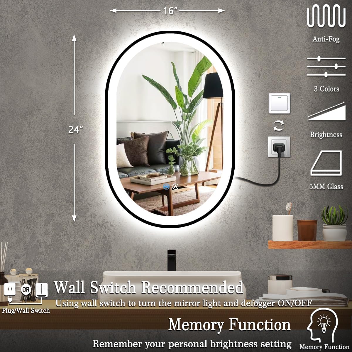 Black Frame Oval Light Vanity Mirror with Lights Dimmable AntiFog Smart Memory Function 3 Color Front Light 16 x 24 Inch Black Framed LED Oval Lighted Mirror for Bathroom Wall Mounted