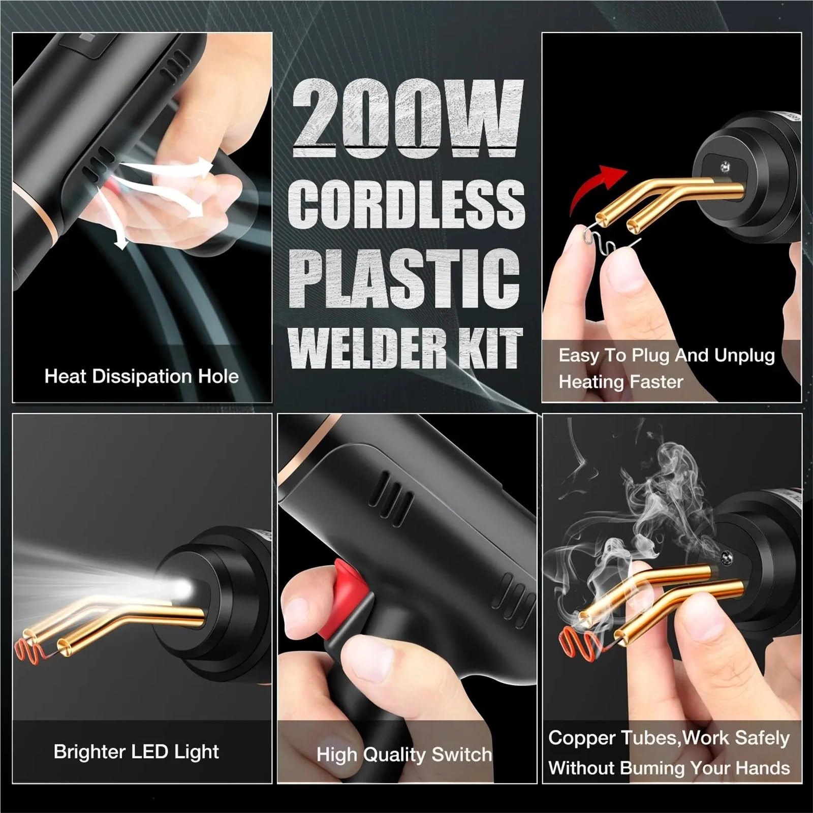 pistola de soldagem de plástico Grapadora caliente de 200 W, máquina de soldadura de plástico recargable, kit de reparación de parachoques, soldador para reparación de plástico(Red)