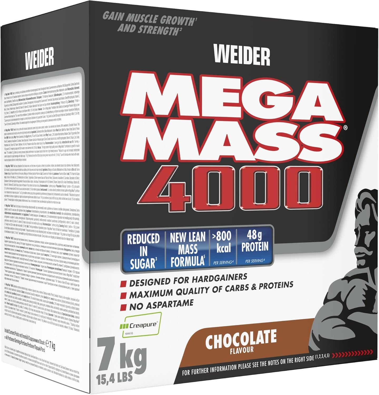 Weider Mega Mass 4000. Legendarny Gainer z Węglowodanami, Białkiem, Monohydratem Kreatyny Creapure, Witaminami i Minerałami. Czekolada - 7 kg