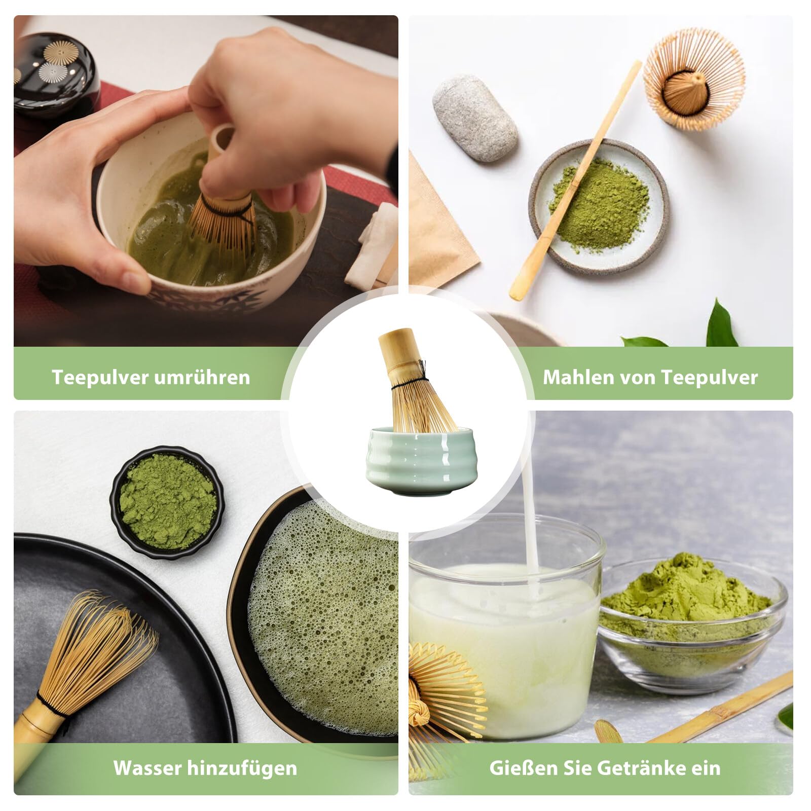 Vaileal Kit De Thé Matcha 4 Pièces : Bol en Céramique, Fouet en Bambou Artisanal, Ensemble Complet pour Cérémonie du Matcha en Couleur Verte
