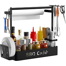 Grill Caddy for Outdoor Grill, BBQ Caddy with Paper Towel Holder &amp; 4 Hooks | Metal Grill Caddy With Handle &amp; Large Basket, Holds BBQ Essentials, Easy Clean, For Indoor, Picnics &amp; RV, Great Gift For Men