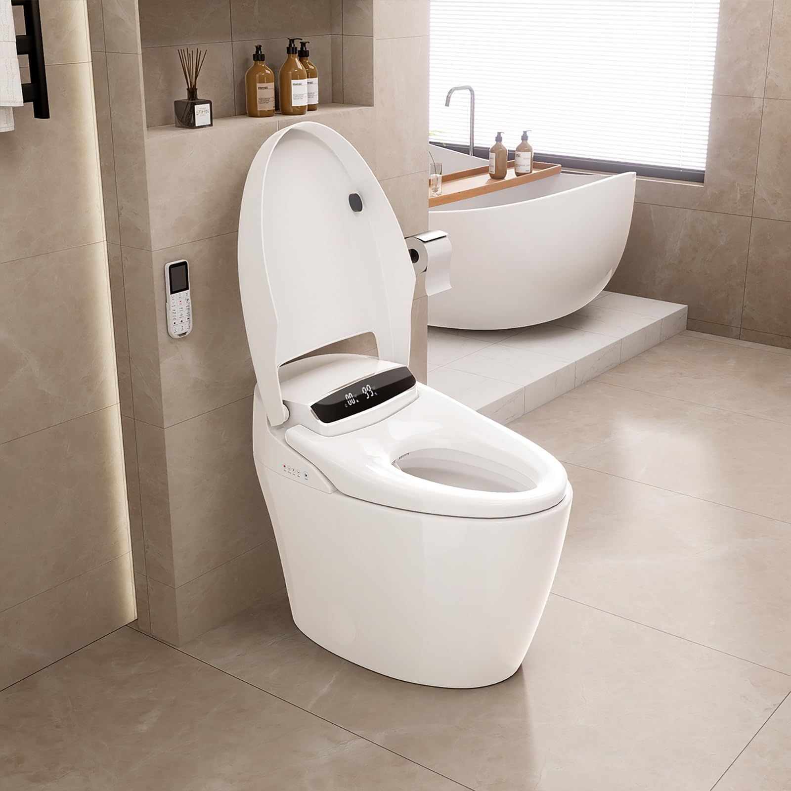 Smart Toilet with Bidet Built-in, One-Piece Elongated Tankless Toilet, Auto Flushing Foot Sensor, Heated Seat, Warm Water & Dry, 1.28 GPF