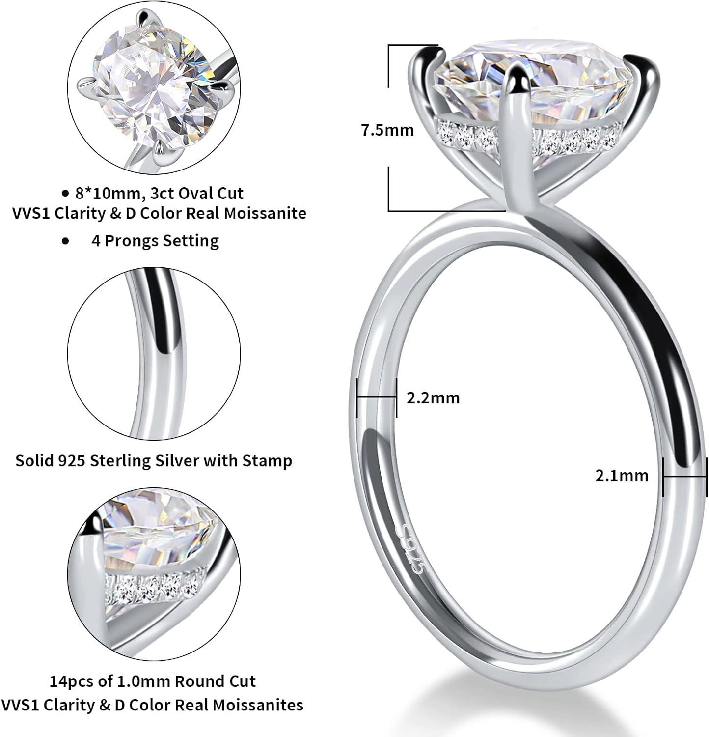 Ladylike Moissanite Oval Engagement Ring Sets for Women 3ct Sterling Silver Solitaire Promise Ring& Full Eternity Wedding Band Rings, Size 8.5
