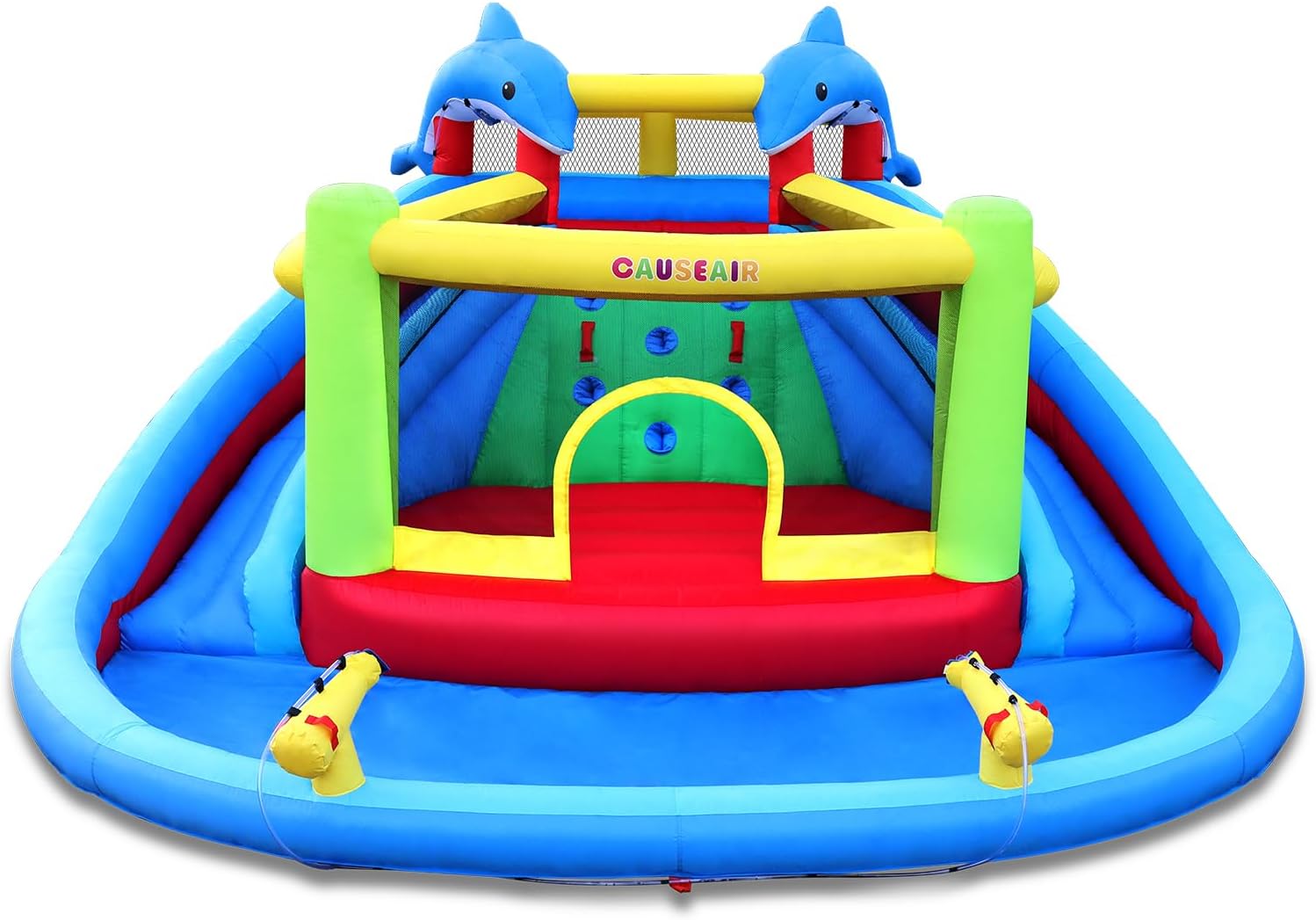 Causeair Inflatable Water Slide with Bounce House,Dolphin Styling,Splashing Pool,Double Water Cannon,Climbing Wall,Heavy Duty Air Blower,Inflatable Water Park Slide for Kids Backyard Summer