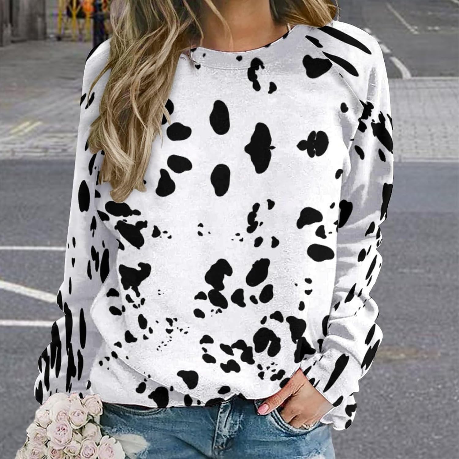 Dalmatian Print T-Shirts Casual Cute Pullover Top Long Sleeve Crew Neck Sweatshirt - Image 2