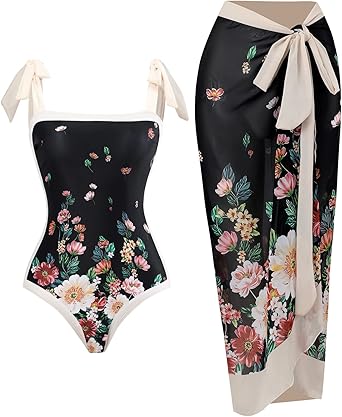 Womens 2 Pieces Sarong Swimsuit Set Sleeveless Floral Print Swimwear with Cover Up Bathing Suits Beachwear