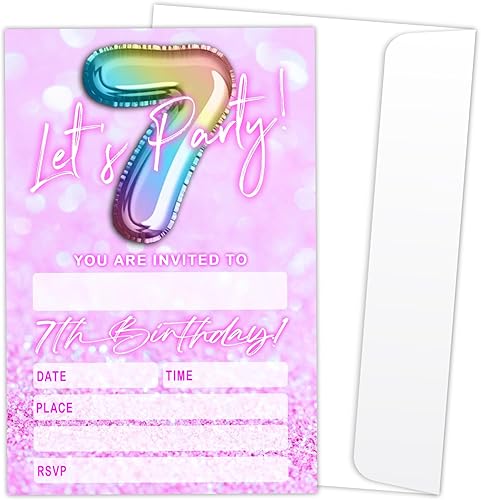 Let's Party 7th Birthday Party Invitation Cards for Boys Girls Kids Pink and Gli