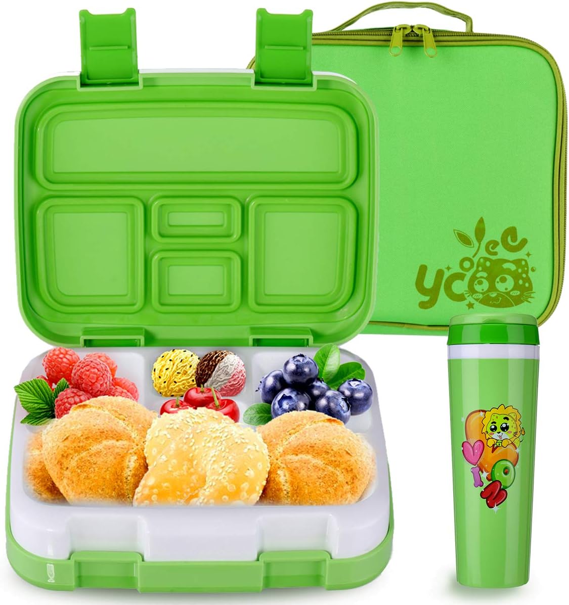 Bento Box Sets for Kids, Childrens Lunch Boxes Container Sets with Spoon 5 Compartment Leak Proof Food Containers BPA Free Durable for School (Green)