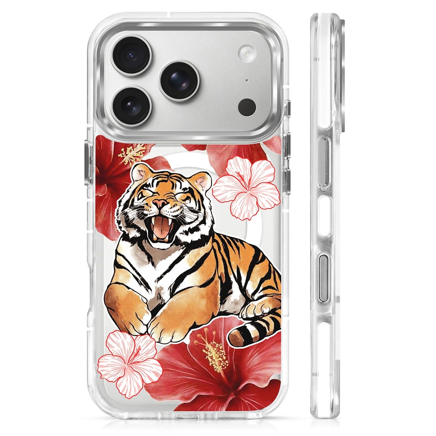 Custodia per iPhone 17 Pro [compatibile con Magsafe], custodia magnetica trasparente in silicone antiurto con motivo ibisco fiore tigre