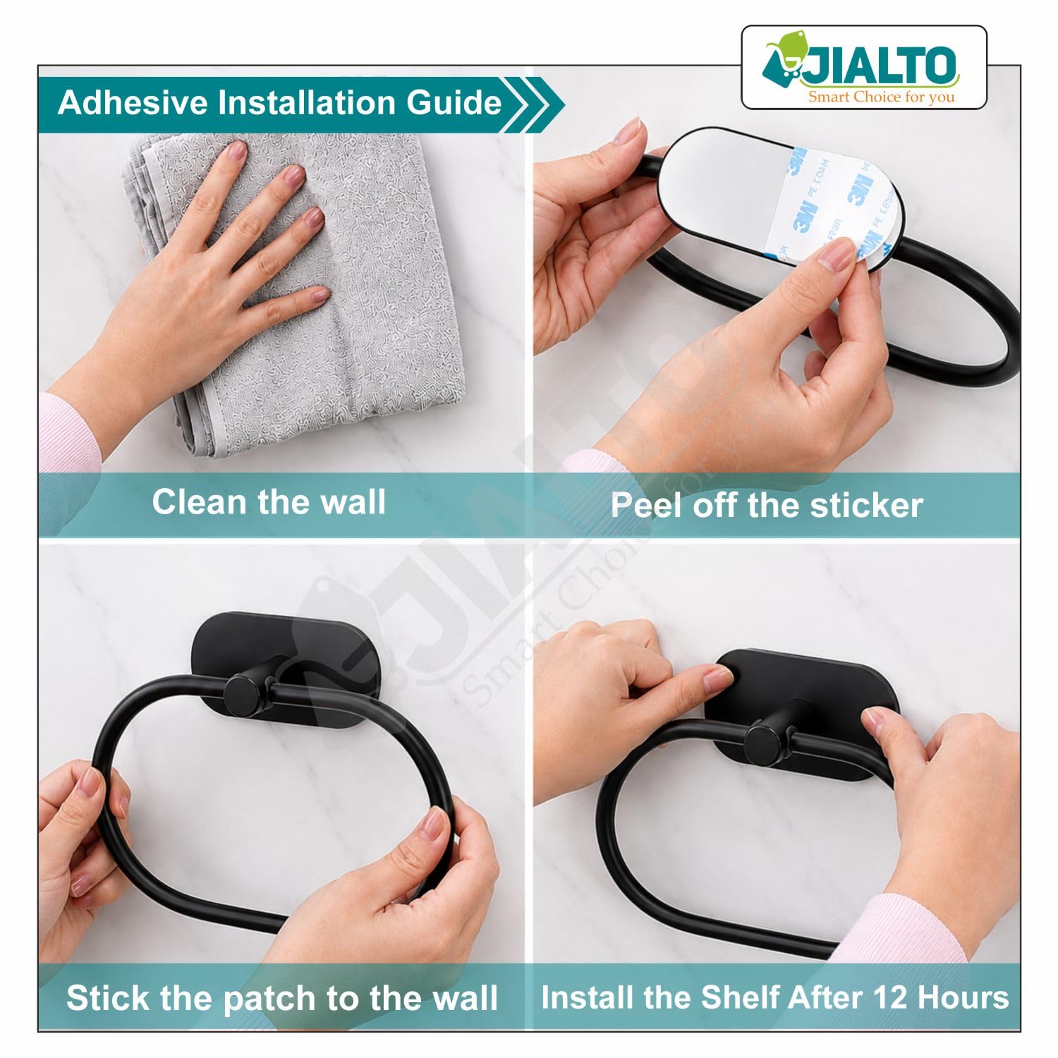 JIALTO 1 PCS Self Adhesive Towel Ring Matte Black, Oval Shaped Modern Hand Towel Holder, Stainless Steel Adhesive Hand Towel Hanger for Bathroom & Kithen Wall Mount (No Drilling) (Black) — Amazon image 8