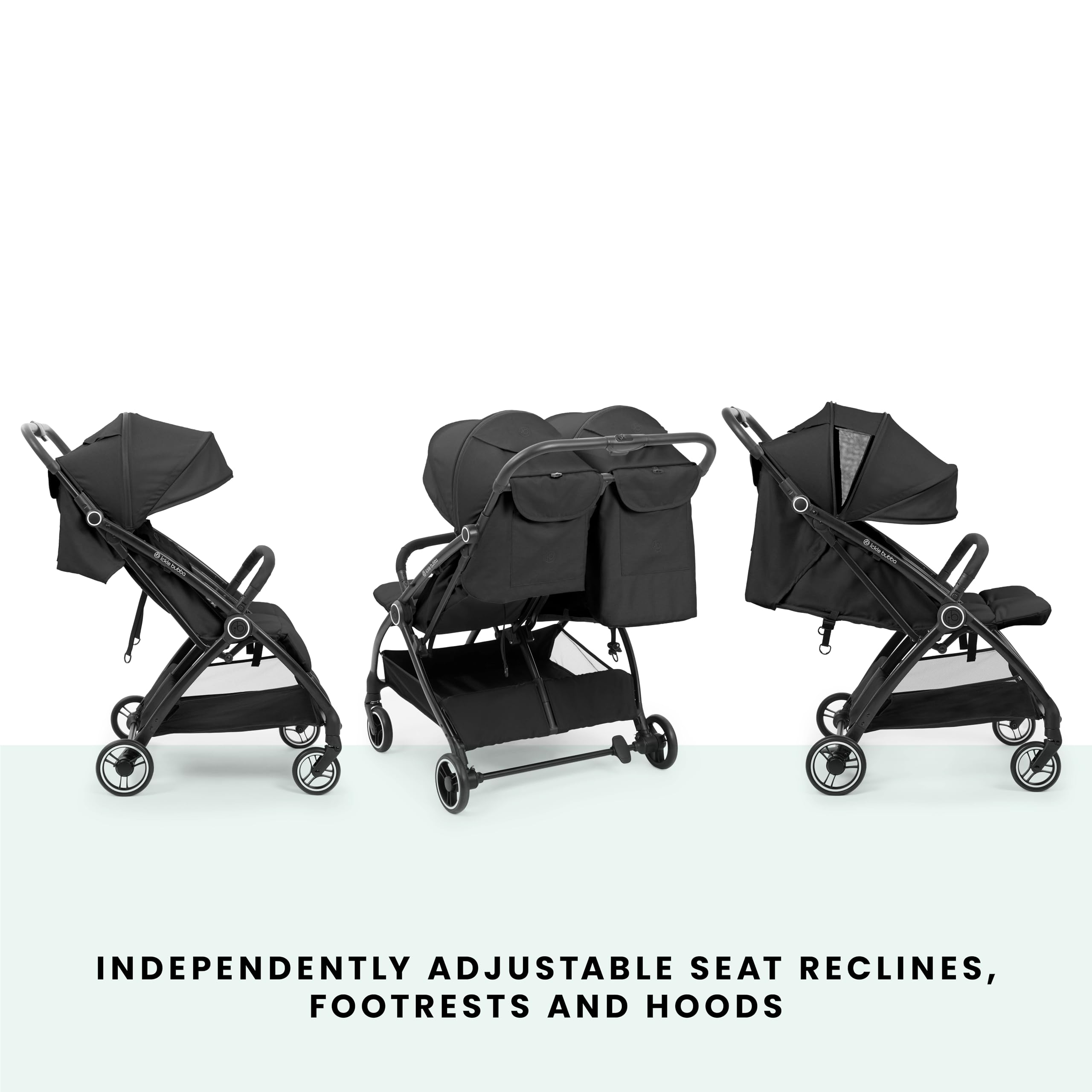 Ickle Bubba Aries Poussette double auto-pliable (gris graphite) – Poussette jumelle fine et légère de 10,5 kg, pliage automatique à une main, sièges réglables, pare-soleil ventilés, housse de pluie