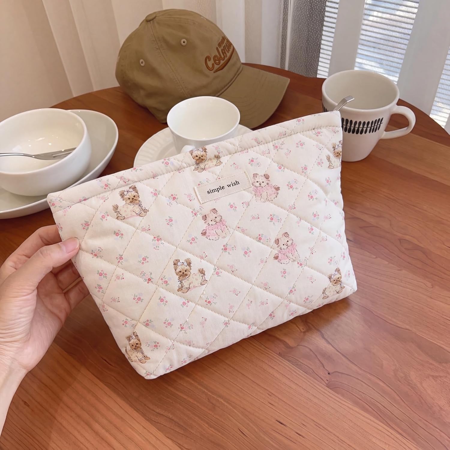 RSRSLEII Quilted Cotton Travel Makeup Bag, Cute Animal Cosmetic Bag, Cotton Aesthetic Makeup Bag, Large Capacity Travel Toiletry Bag for Women and Girls (08Flower&Dog) image 5