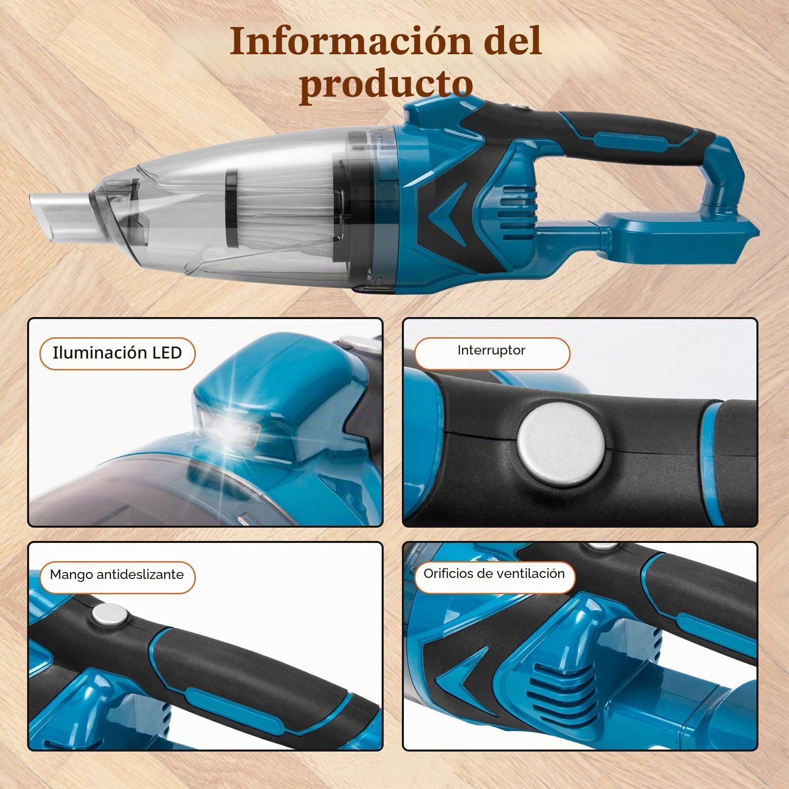 Aspiradora de Mano Potente Sin Cable, Mini Aspirador Industrial 18V con Batería, Aspirador Coche Potente Sin Cable, Aspiradora Pequeña para Cenizas, Hojas y Exterior, Incluye Accesorios