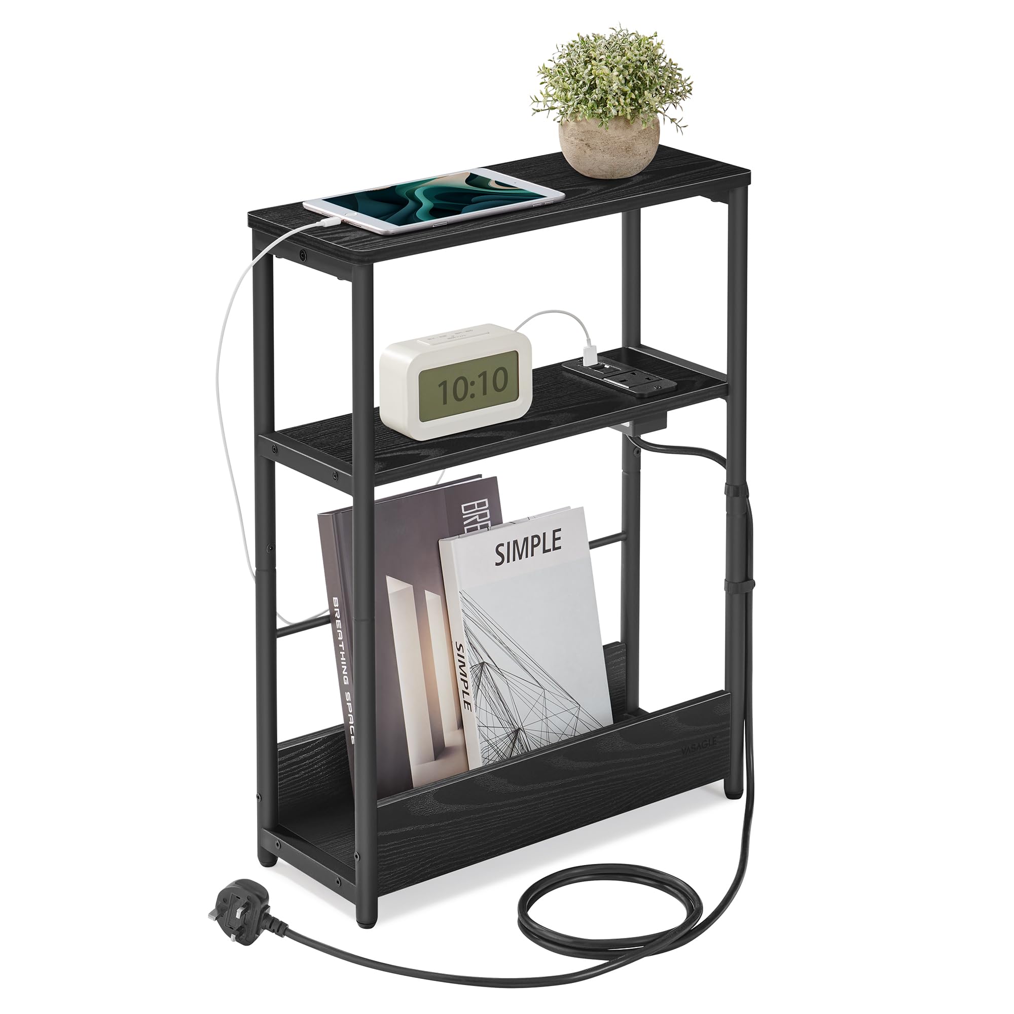 VASAGLE Slim Side Table with Charging Station, 3-Tier Narrow Bedside Table, End Table for Small Spaces, Magazine Rack, for Living Room, Bedroom, Study, Ebony Black and Ink Black LET335B03