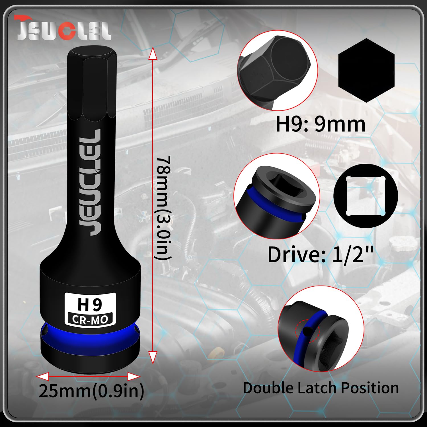 JEUCLEL 9mm Hex Impact Bit Socket, H9 1/2-Inch Impact Drive Allen