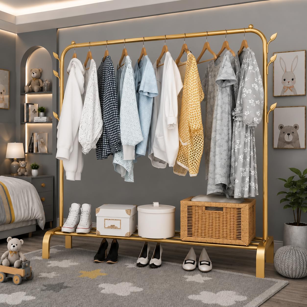 heavy duty clothes drying stand for clothes – double rod cloth drying stand metal with wheels & side hooks | foldable clothes rack kapde stand for balcony,bedroom,home (pole-golden)